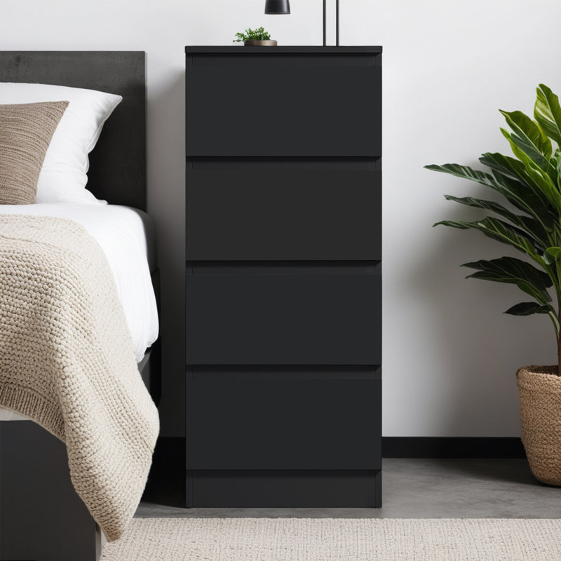 Carlton 4 Drawer Tallboy Chest Of Drawers. 40cm Wide. Matt Finish. Scratch Resistant. Modern No Handle Design., Black