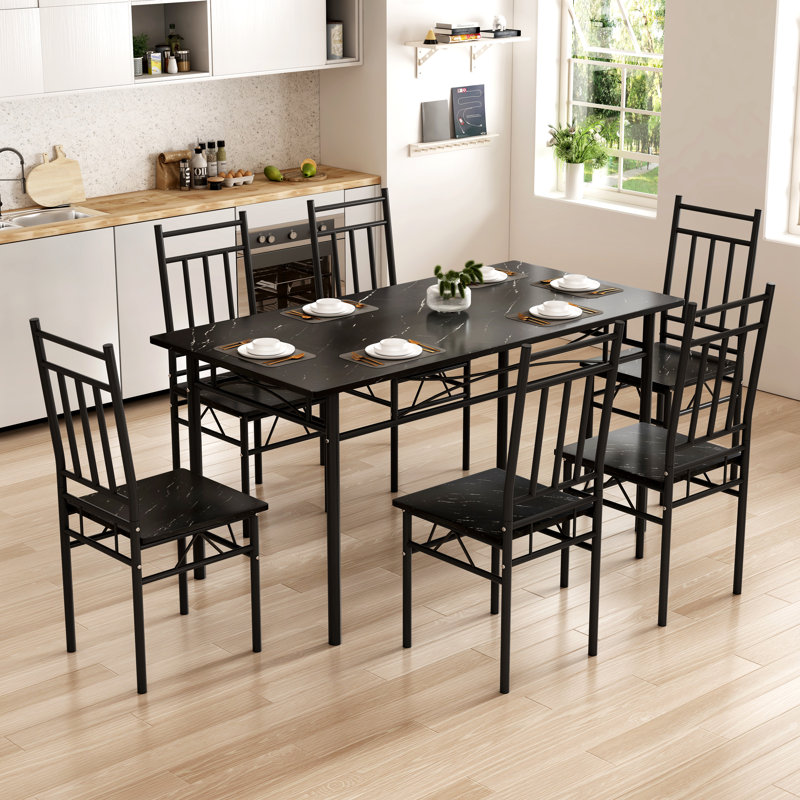 Ensemble de table de salle à manger 7 pièces, table de cuisine rectangulaire en bois rétro et 6 chaises à haut dossier , Noir