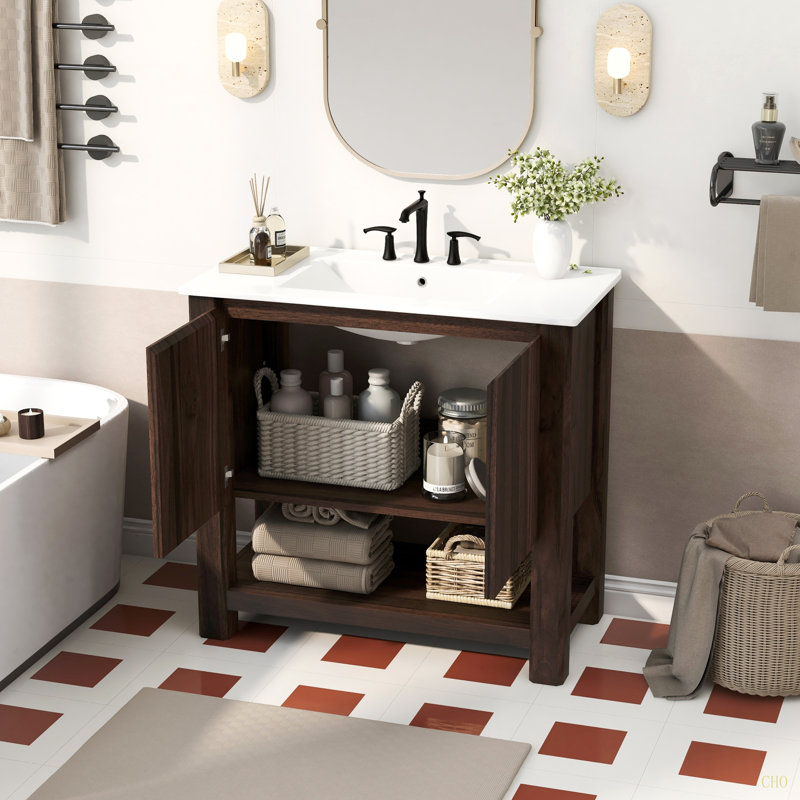 Meuble-lavabo moderne de 36 po avec lavabo rectangulaire en céramique, armoire de salle de bain avec grand espace de rangement et portes à fermeture en douceur à 45 degrés, 1 tablette ouverte en bas