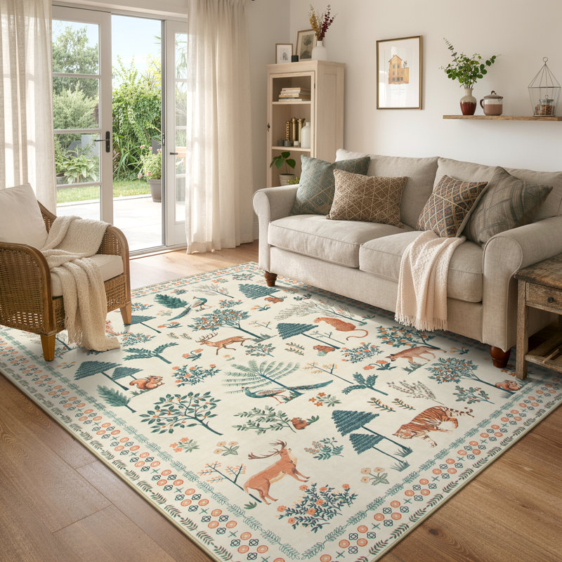 Garbrand Jungle Animal & Floral Washable Beige 5X7 Area Rugs - Ultra Thin Non Slip Rug For Living Room Bedroom Kids Room / Nursery