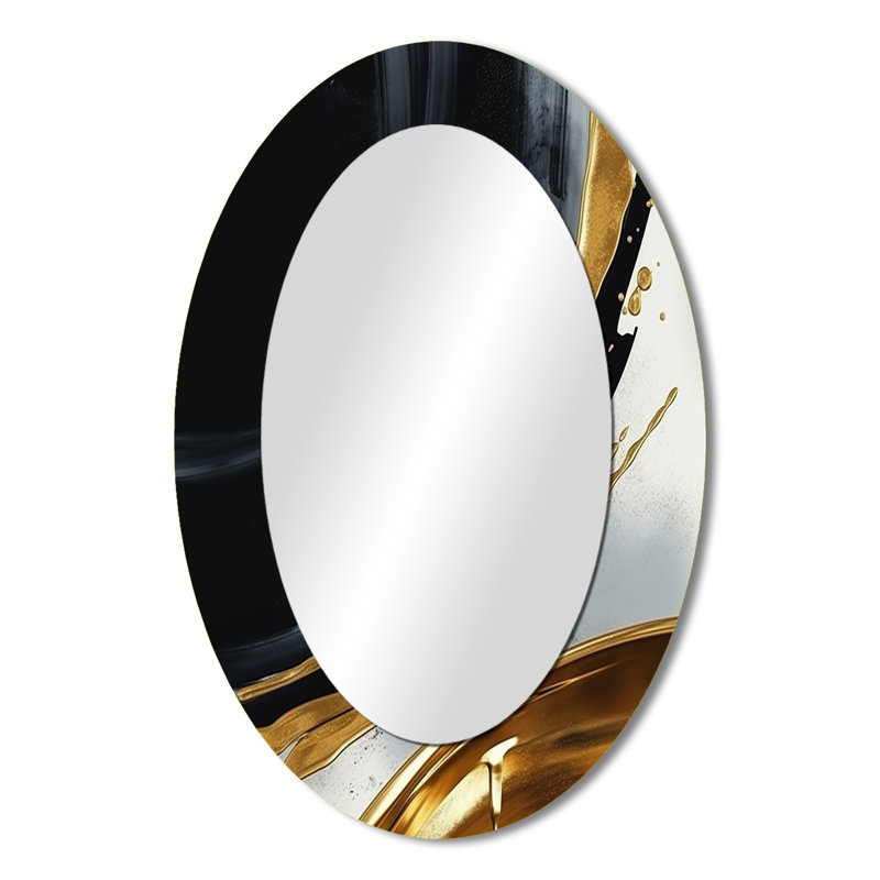 Black Gold Abstract Shapes Marble I - Black Modern Oval Wall Mirror, 36" x 24"