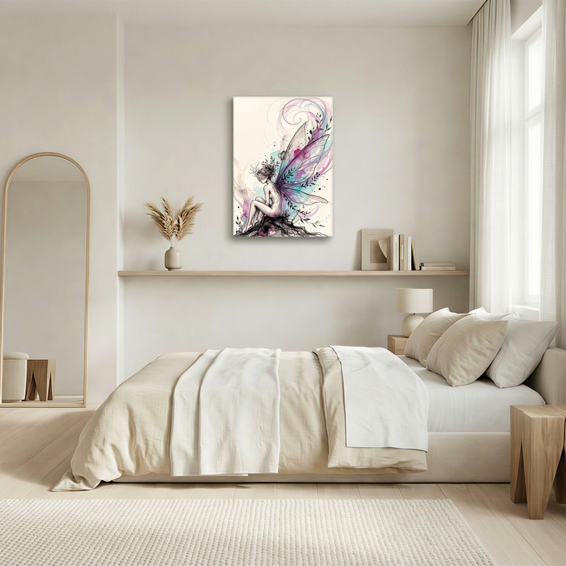 Impression sur toile, fée fantaisie avec ailes d'aquarelle mauves et bleues, 30"H x 20"W