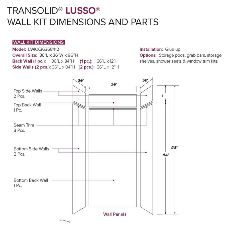 Ensemble de mur de douche 6 pièces Transition Lusso 36 po x 36 po x 84/12 po, blanc Palladio, Palladio blanc