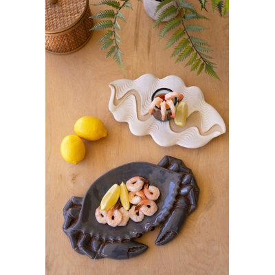  Set of Two Ceramic Serving Platters Clam Design Decorative Serveware for Tabletop Decor White Glazed Unfinished Finish