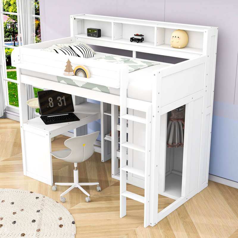 Lit mezzanine simple en bois avec bureau, garde-robe, tablettes et échelle, Blanc