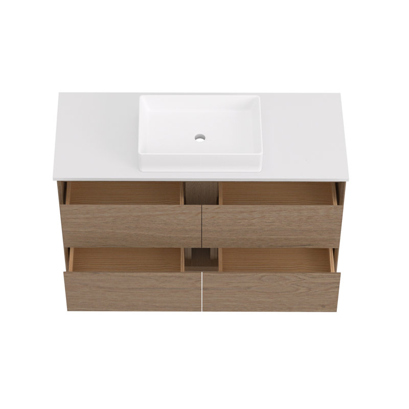 Meuble-lavabo mural simple 48 po avec comptoir en quartz blanc et lavabo en céramique, chêne naturel