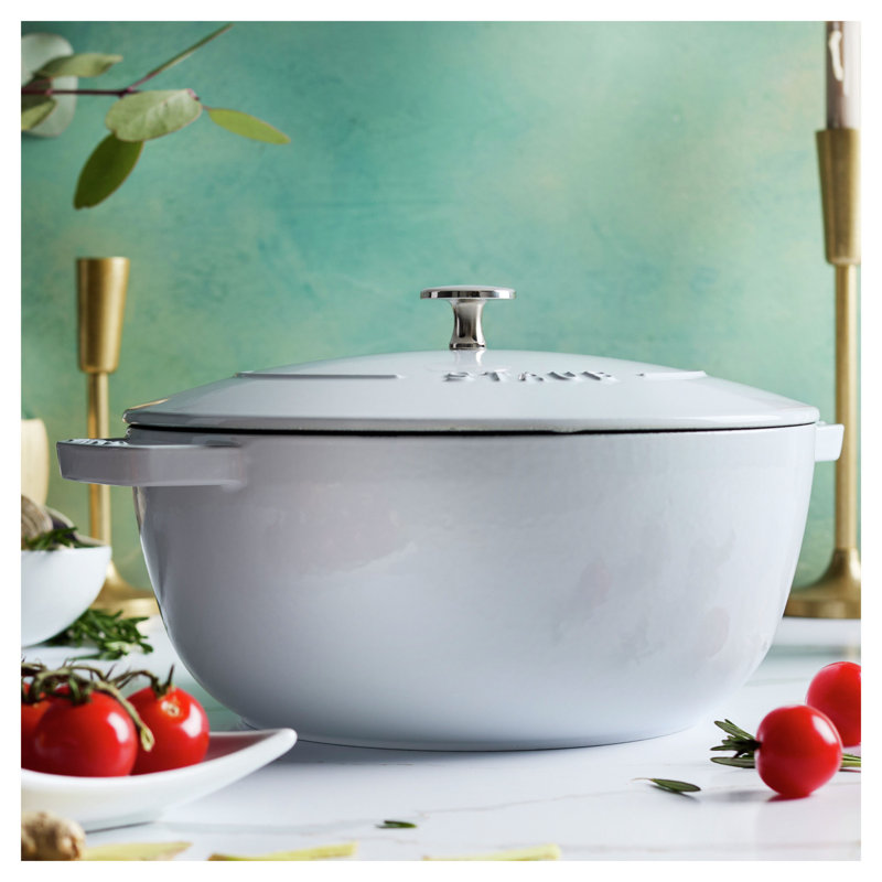 Staub Cast Iron Round Cocotte, Dutch Oven, 5.5-Quart, Serves 5-6, Made In France, Peony Pink, White