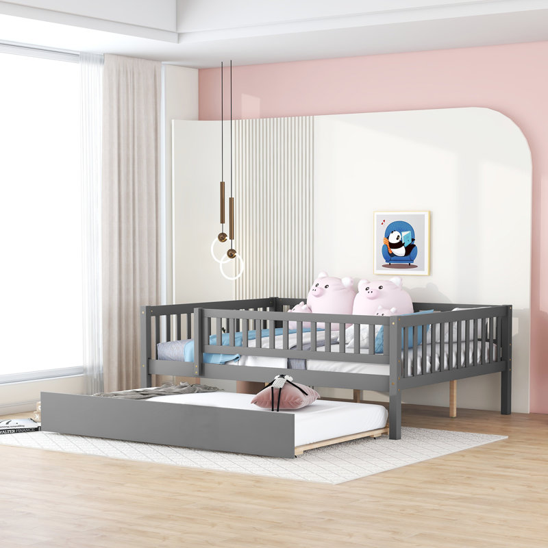 Full Size Wood Daybed With Trundle And Fence Guardrails, Gray, Gray, Full