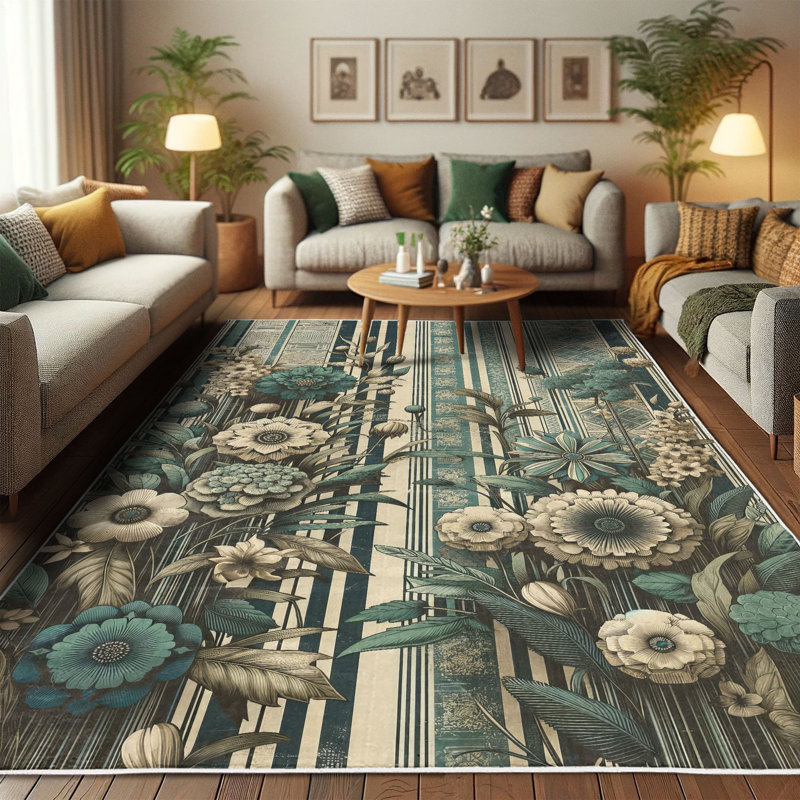 Teal and Ivory Floral Boho Area Rug, 2' 5" x 5'