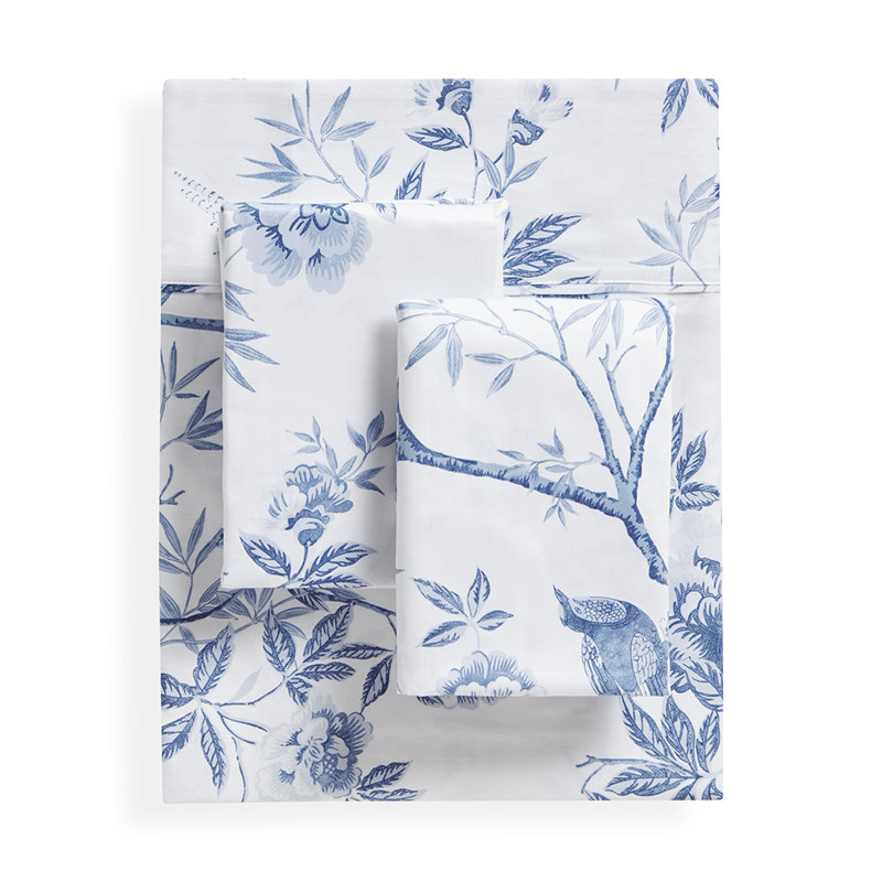Ensemble de draps en satin de satin 400 fils Josephine, Ensemble de draps pour taille de lit grand avec un, Blanc / bleu