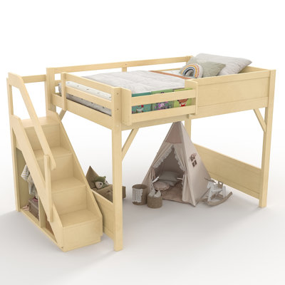 Full Size Loft Bed with Built-in Wardrobe and Storage Space, Solid Wood Loft Bed with Beside Shelves, Full-length Guardrails and Stairs, No Box Spring Needed,  Natural