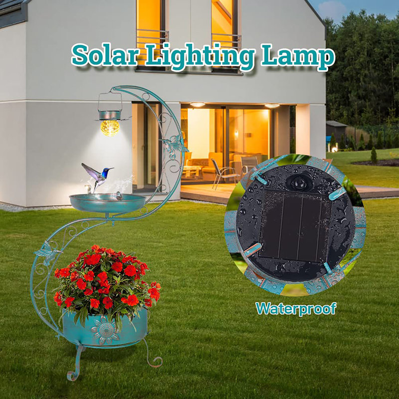 Bain d'oiseaux extérieur avec lumière solaire, H 36 po x l 19,6 po x P 19,6 po, Vert
