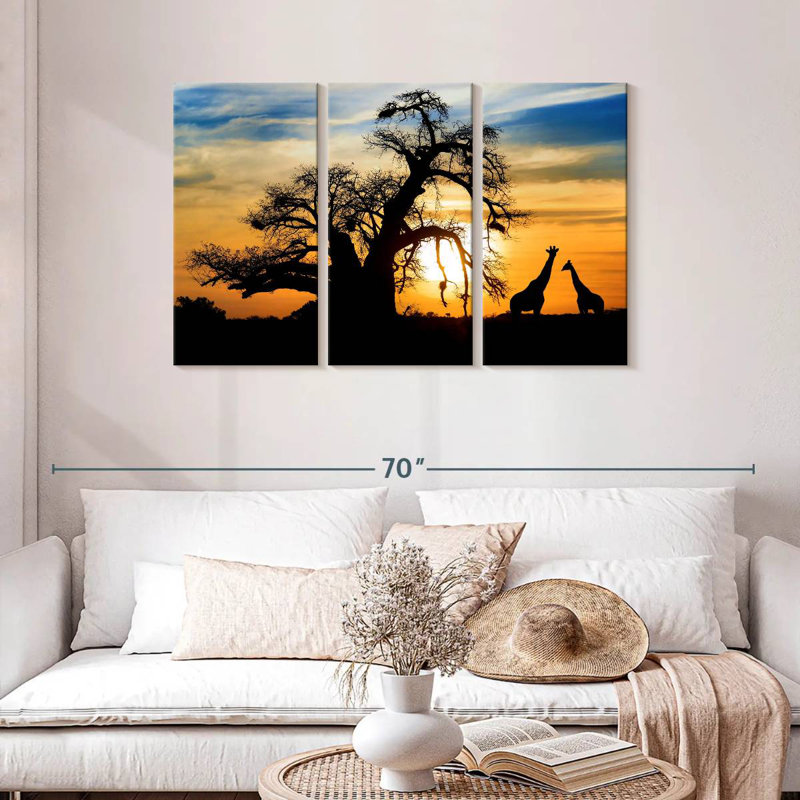 Coucher de soleil africain girafes, H 28 po x l 45 po