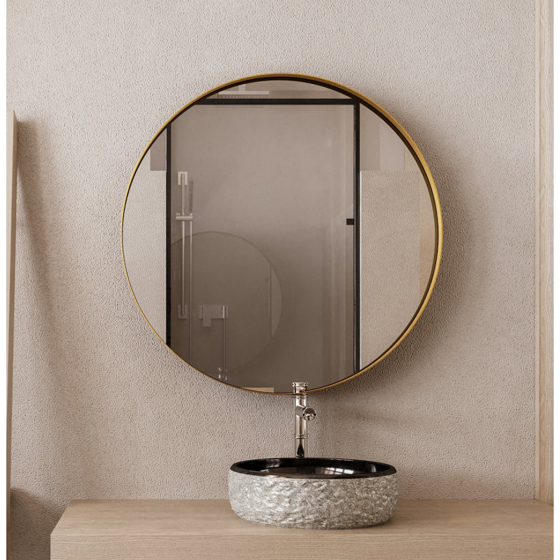 Pharmacie ronde 31,5 po avec cadre en métal au fini or mat avec miroir et tablettes réglables, Matte Gold