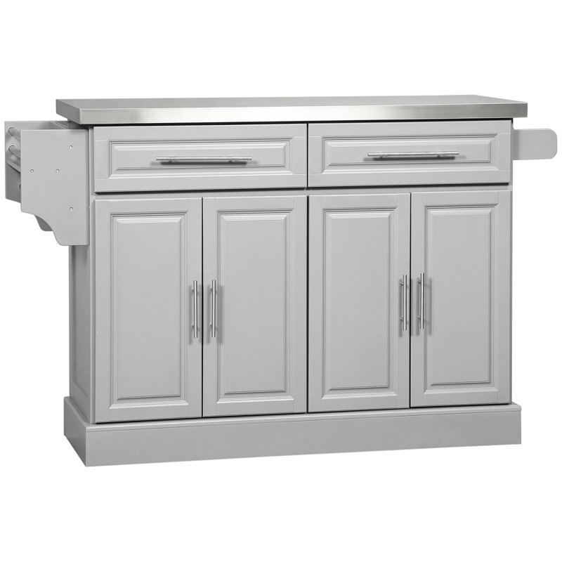 Rolling Kitchen Island With Storage, Portable Kitchen Cart With Stainless Steel Top, 2 Drawers, Spice, Knife And Towel Rack And Cabinets, Black