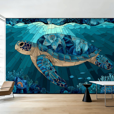 Papier peint auto-adhésif de style vitrail à motif de corail sous-marin à motif floral de tortue de mer H 100 po x l 144 po, papier peint amovible en PVC pour chambre à coucher, bureau à domicile, bureau à domicile