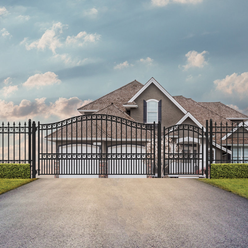 Paris Style Black Steel 12' Driveway Gate with Pedestrian Gate