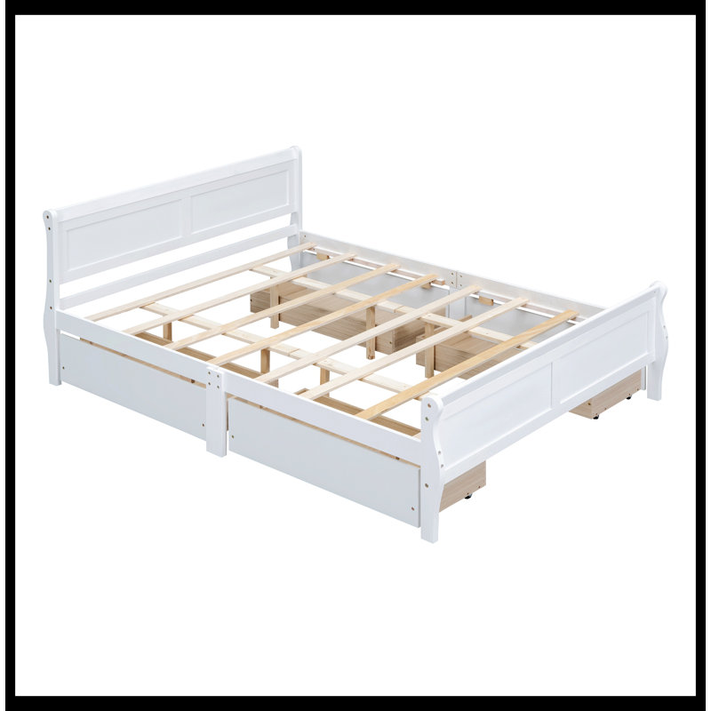 Lit plateforme avec rangement en bois massif Sebbie, Blanc, Queen