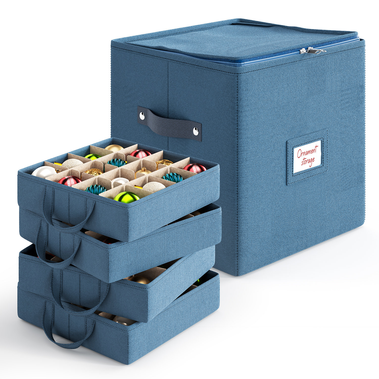Fabric Ornament Storage Box with Dividers, 13" H x 13" W x 13" D