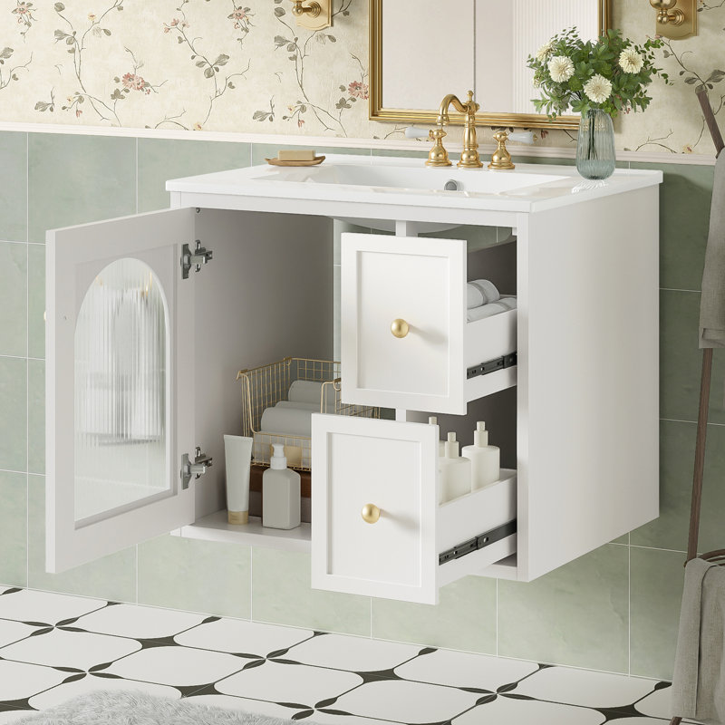Ensemble de meuble-lavabo mural avec lavabo en céramique, 2 tiroirs et 1 porte à fermeture en douceur, Blanc