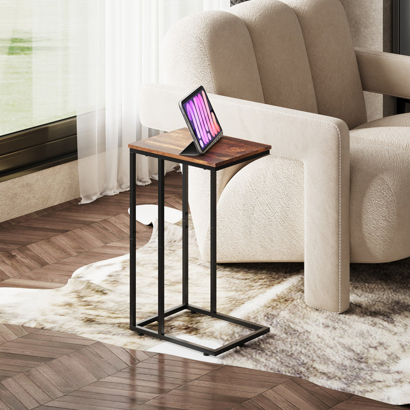 Table de bout en C 24,9 po avec plateau en bois massif et base en acier pour canapé, côté lit, Brun rétro