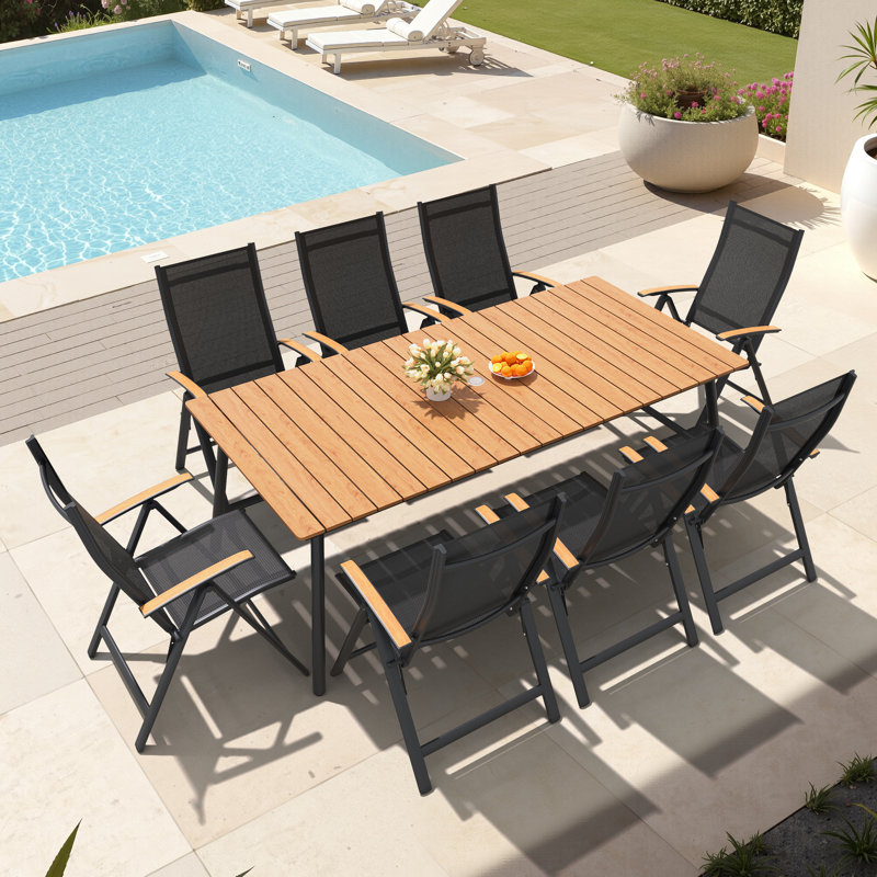 Ensemble repas pour 8 personnes avec structure en aluminium et fauteuils inclinables pliés, Brun