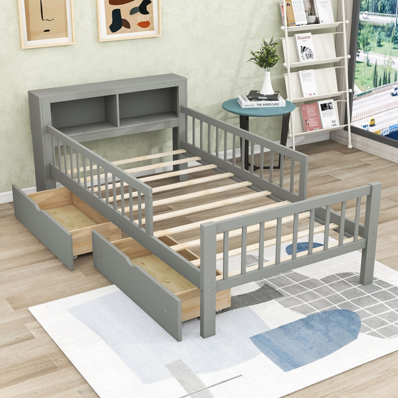 Lit simple avec tiroirs et tablettes de rangement, Gris