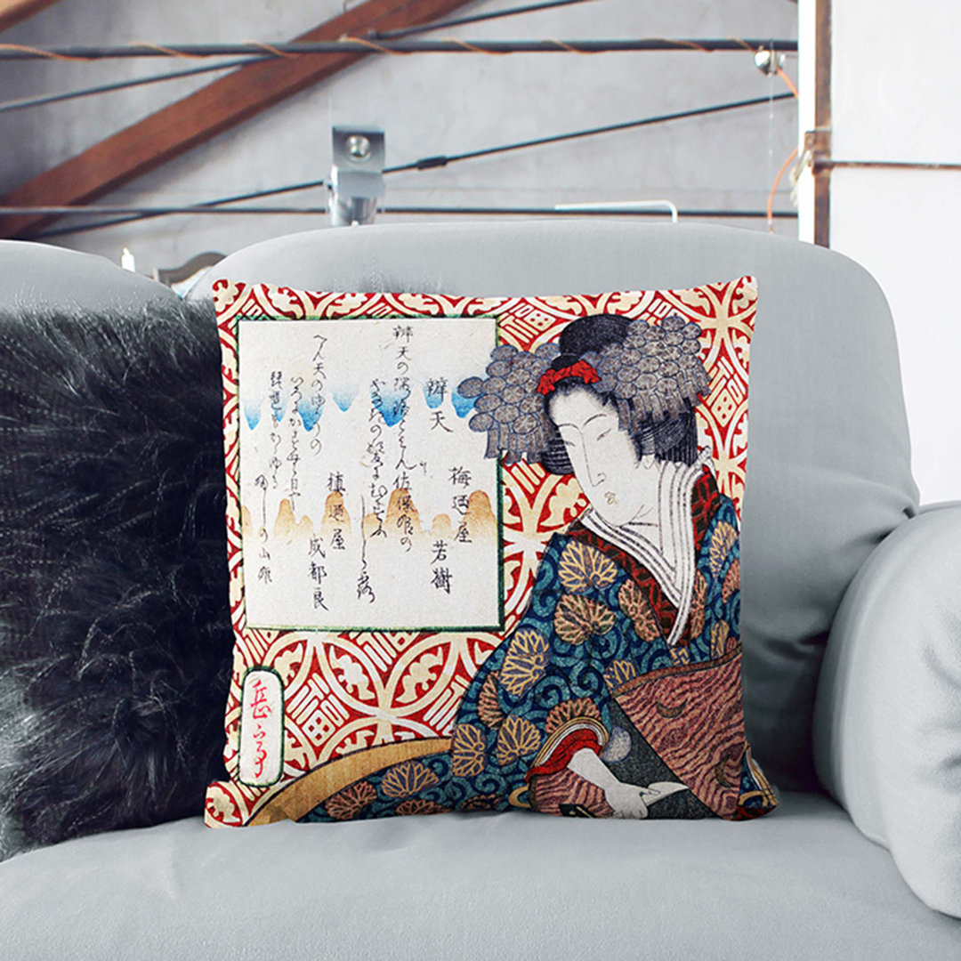 Lady Playing an Instrument by Yashima Gakutei Cushion with Filling