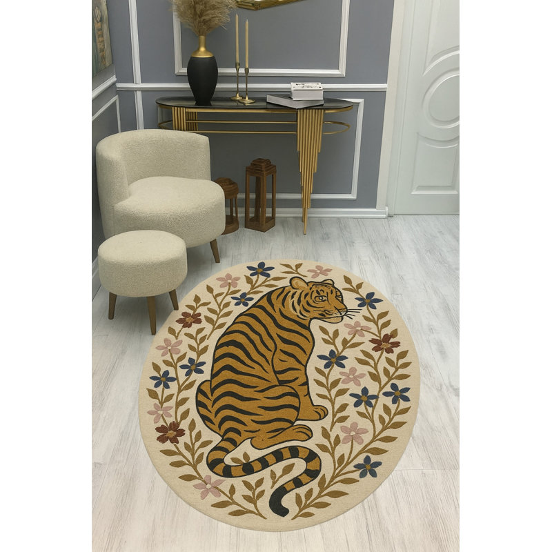 Tapis beige tissé à motif floral lavable Mosso, 2 pi 6 po x 4 pi 11 po