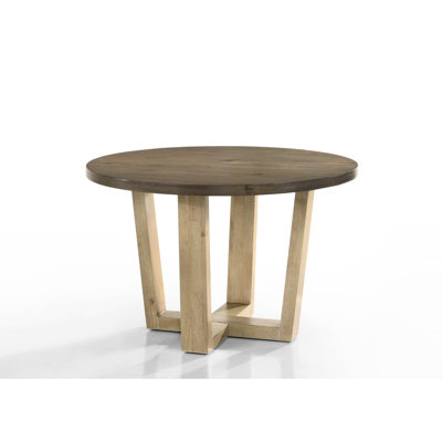 Table de 47 po de largeur en noyer avec base en bois massif, grain naturel et aspect vieilli contemporain pour la salle à manger et placage de chêne, finition ronde, l 47 po x P 47 po