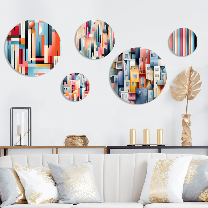 Cityscape Lines Striped Pattern - Abstract Modern Round Wall Art Set Of 5