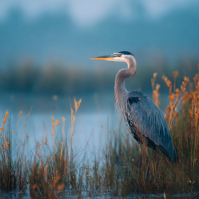 Misty Shore Heron - Art mural sur toile tendue, H 20 po x l 20 po