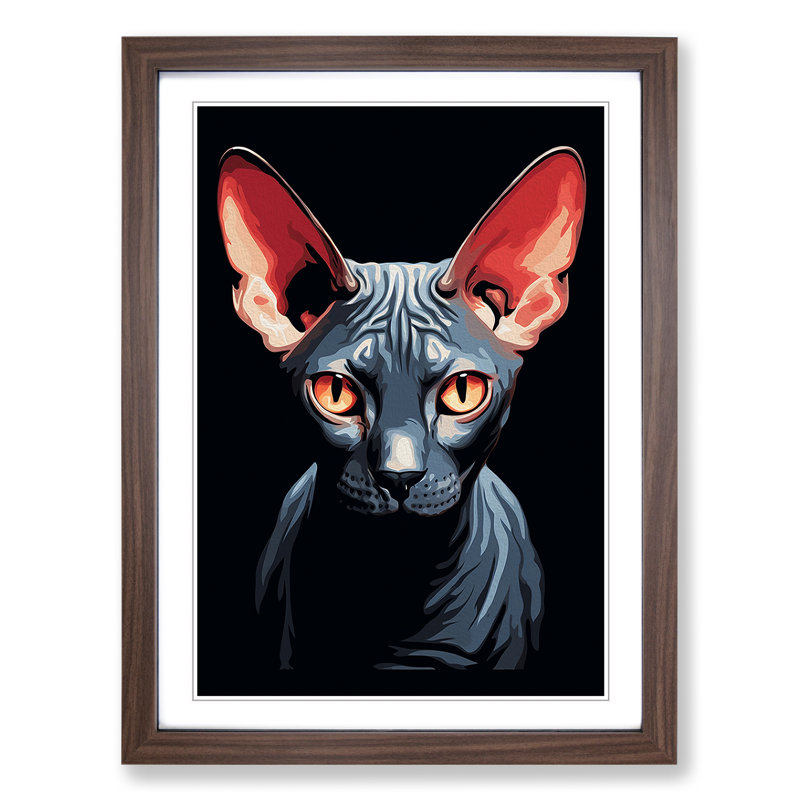 Sphynx Cat Minimalism - Single Picture Frame Print on Wood, 46cm H x 34cm W x 2cm D, Walnut