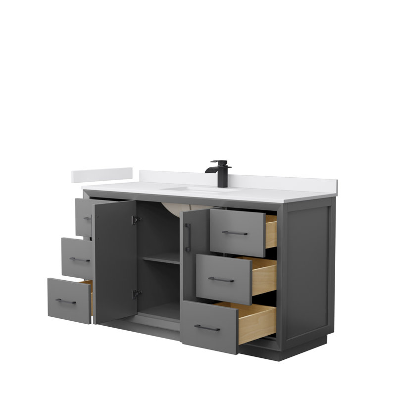 Ensemble de meuble-lavabo simple 60 po Strada, Gris foncé, Noir mat, Marbre de culture blanc