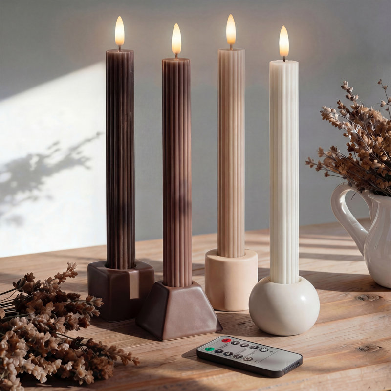 Ensemble de 4 boîtes WYZworks brun chocolat moka assorti, bougies cannelées cannelées cannelées sans flamme à DEL de 10 po, télécommande et minuterie, bouton marche / arrêt, à intensité variable, à piles, mariage Menorah