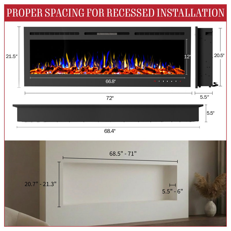 Christenson Wall Mounted and Recessed Electric Fireplace, 21.5" H x 72" W x 5.5" D