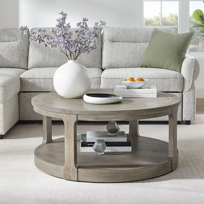 Table basse ronde, centre de table en bois à 2 niveaux avec roulettes - Style traditionnel rustique, brun clair