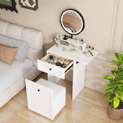 Dressing Table with Movable LED Lighted Mirror, Makeup Vanity with Storage Stool, 50CM Desktop