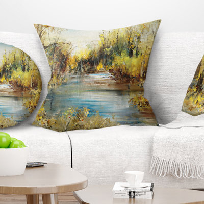 Lake in Forest Oil - Coussin à imprimé paysage