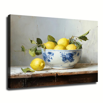 Nature morte aux citrons dans un bol en porcelaine bleue et blanche à la ferme, peinture à l'huile sur toile, grande galerie, reproduction d'art sur toile pour le salon, la chambre à coucher