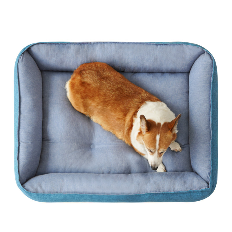 Large Blue Linen Rectangle Pet Bed with Bolster Cushion