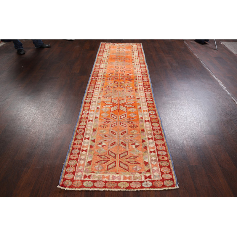 Tapis de couloir orange en laine noué à la main de conception unique 2 pi 9 po x 10 pi 2 po Noda