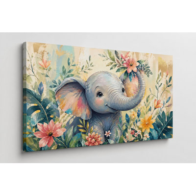 Grande éléphant mignon, art mural sur toile 24 x 36 pouces, peinture d'art animalier pour chambre d'enfant, décor coloré pour salle de jeux - prêt à être accroché