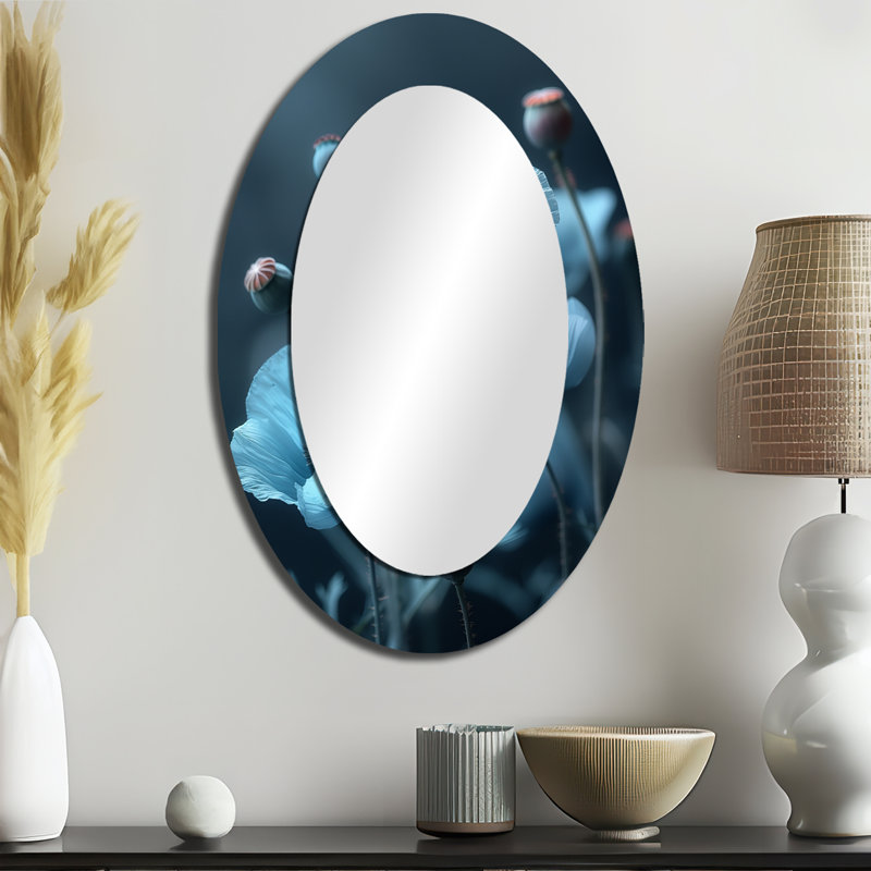 Bleu et noir Natures Nuance Poppies III - Grand miroir mural ovale sur métal, 36 po x 24 po