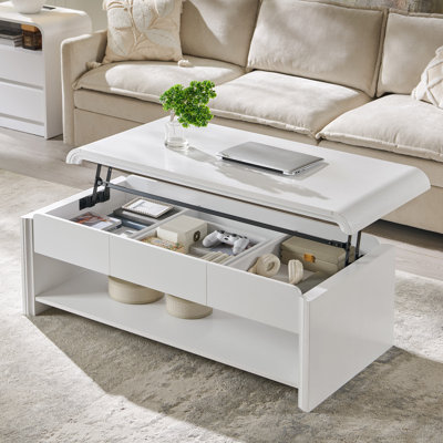 Maud  47" Lift Top Coffee Table with Pull-Out Drawer and Two-Tier Storage, Modern Coffee Table Rectangle Wood Centre Table w/Curved Profile Design