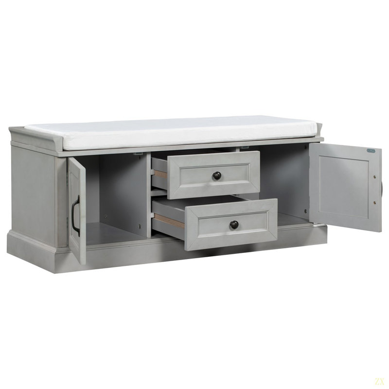 Storage Bench With 2 Drawers And 2 Cabinets, Shoe Bench With Removable Cushion For Living Room, Entryway, Gray Wash