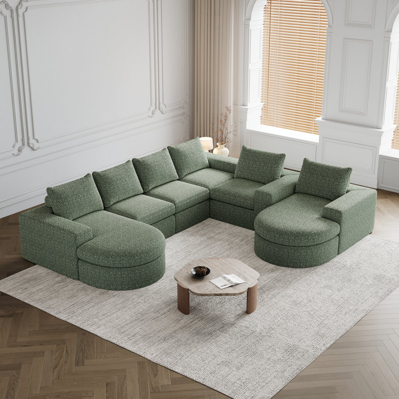 Clasien Modern Chenille Curved Sectional Sofa with Double Cushion Comfort and Neck Pillow Support, Green Chenille
