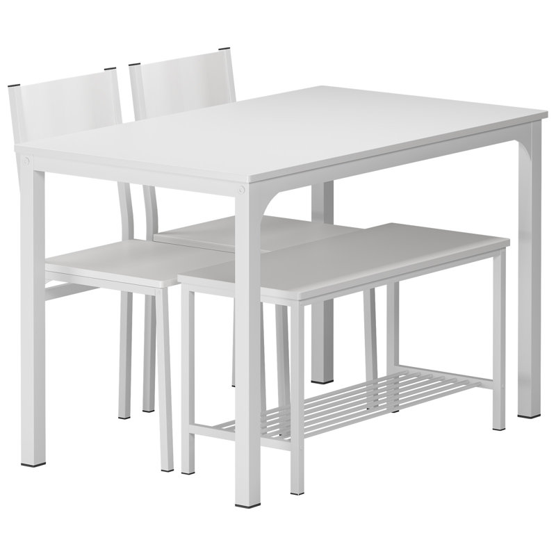 Pickell 4-Person Dining Table Set, 2 Chairs With Backrest,2-Person Bench With Storage Rack, White