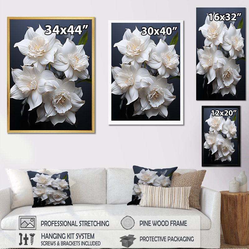 Jonquilles blanches sur toile, H 32 po x l 24 po x P 1 po, Cadre doré simple