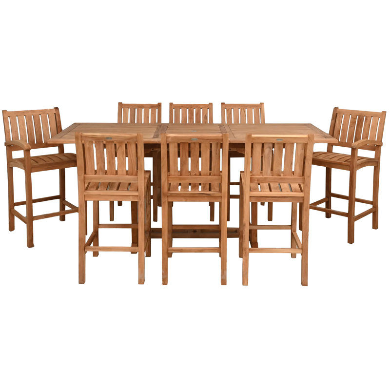 Ensemble de bar en bois de teck 9 pièces comprenant une table de bar à extension rectangulaire, 2 tabourets de bar avec accoudoirs Abacho et 6 tabourets de bar sans accoudoirs
